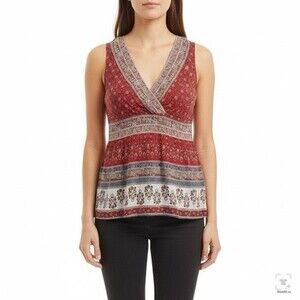 G.H. Bass & Co Red Floral Block Print Sleeveless Peplum Top V-Neck Small